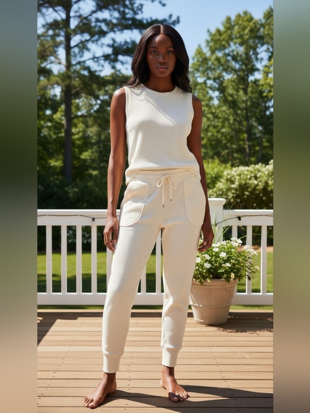 Haven Well Within Anthropologie  Aesthetic Cream Ribbed Jogger Pants